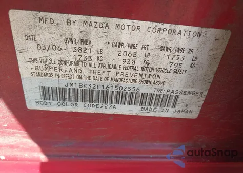 2006 Mazda Mazda3 I z USA, uszkodzony, nr VIN JM1BK32F161502556